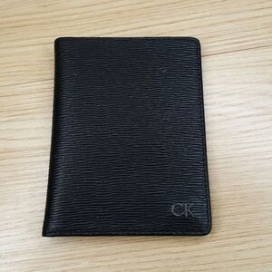 CALVIN KLEIN Passport Case Black Genuine Leather Bifold Card Holder RFID